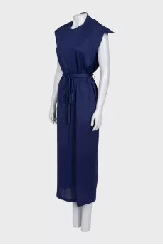 Blue ribbed dress with belt