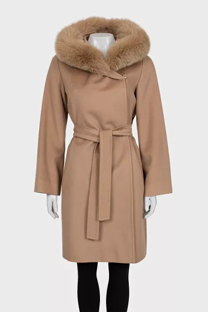 Wool coat with a fur hood
