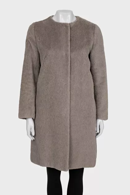 Gray fur coat without a collar
