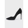 Black suede pumps with heels