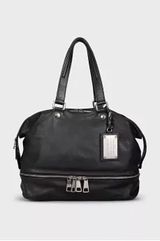 Black leather tote bag with silver hardware