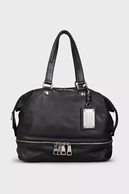 Black leather tote bag with silver hardware
