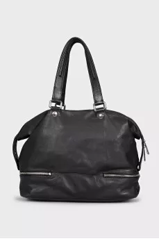 Black leather tote bag with silver hardware