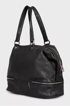 Black leather tote bag with silver hardware