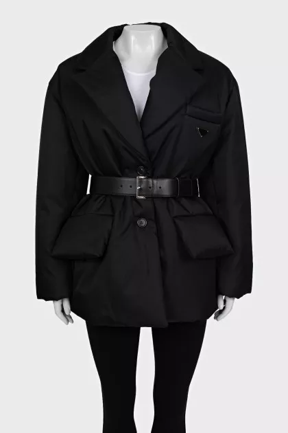Black down jacket with a belt