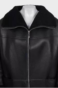 Black long sheepskin coat made of lambskin
