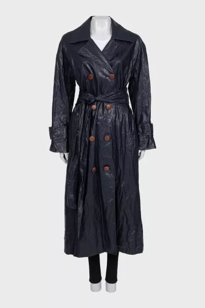 Double-breasted eco-leather coat with belt