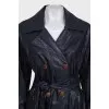 Double-breasted eco-leather coat with belt