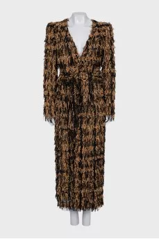 Удлиненный кардиган с золотистой бахромой