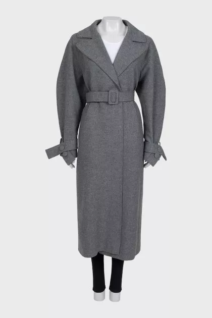 Gray wool coat with a belt