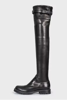 Leather over-the-knee boots with rhinestones
