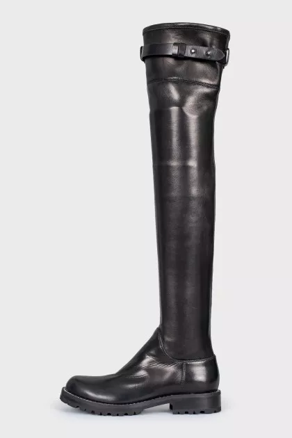 Leather over-the-knee boots with rhinestones