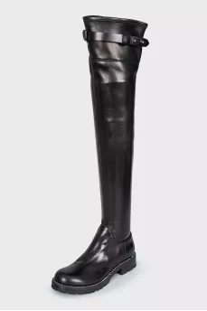 Leather over-the-knee boots with rhinestones