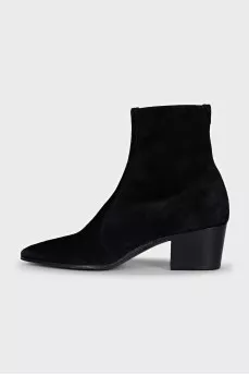 Black suede ankle boots with a stacked heel