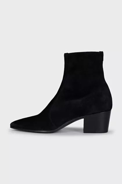 Black suede ankle boots with a stacked heel
