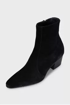 Black suede ankle boots with a stacked heel