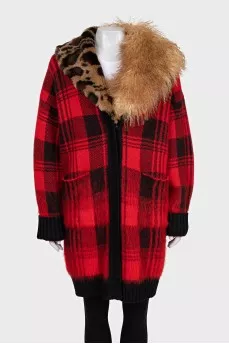 Checkered cardigan with detachable fur