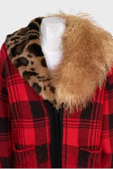 Checkered cardigan with detachable fur