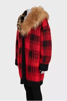 Checkered cardigan with detachable fur