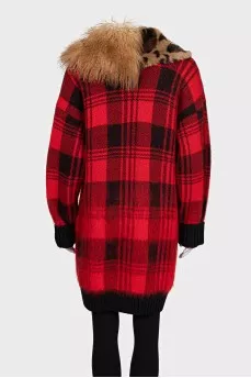 Checkered cardigan with detachable fur