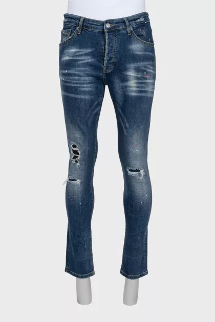 Men's slim fit jeans with a ripped effect and print