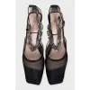 Mesh slingbacks with metallic embellishments