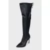 Black leather pointed toe over the knee boots