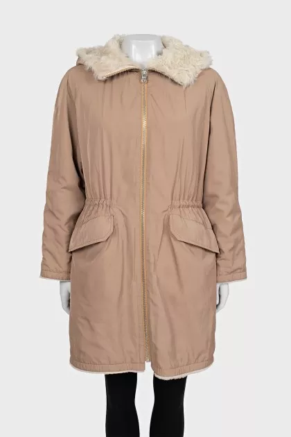 Beige parka with a wool hood