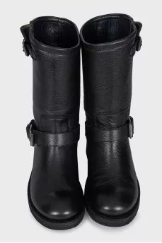 Black leather boots with straps