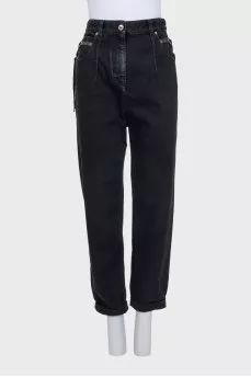 Черные подкатанные джинсы с ремнем