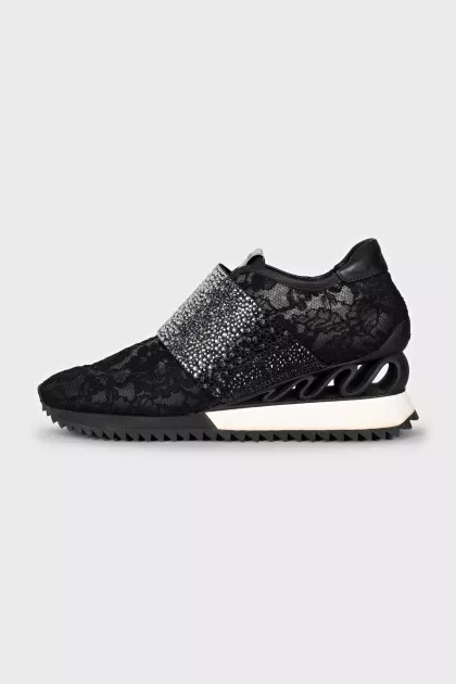 Black lace sneakers with rhinestones