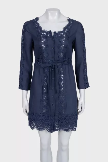Blue linen dress with lace