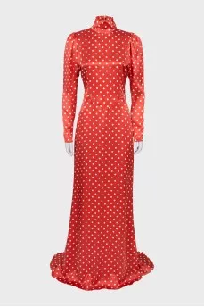 Polka dot silk dress with a train