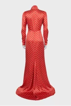 Polka dot silk dress with a train
