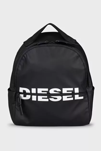 Black backpack with brand logo