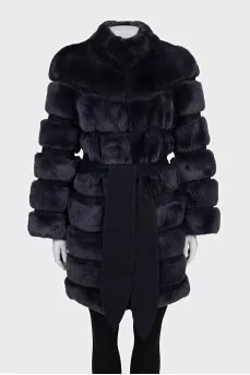 Blue fur coat with a rabbit belt