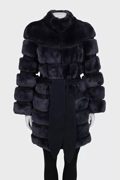 Blue fur coat with a rabbit belt