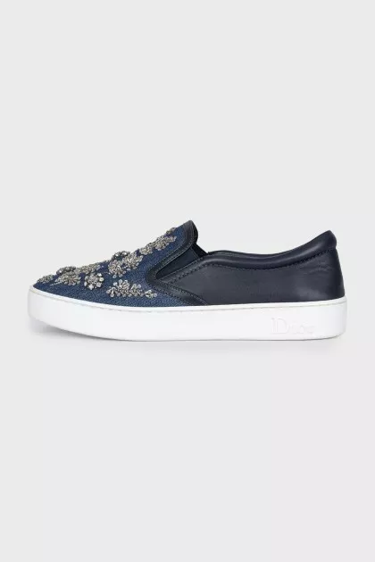 Denim slip-ons with rhinestones