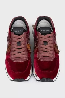 Velvet sneakers with feathers