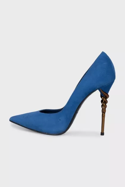 Blue suede pumps with a shaped heel