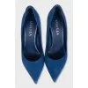Blue suede pumps with a shaped heel