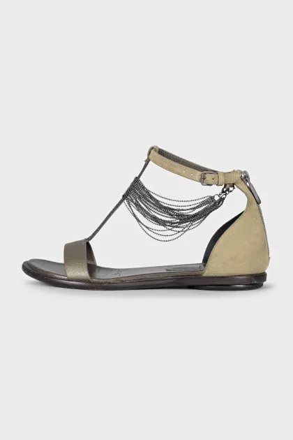 Green leather sandals with decoration