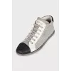 Gray textile sneakers with leather toes