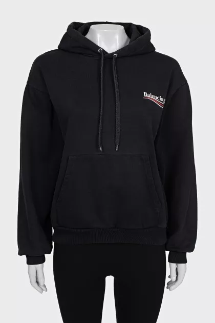 Black hoodie with logo on the back