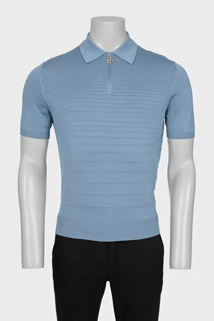 Men's blue polo shirt with raised stripes