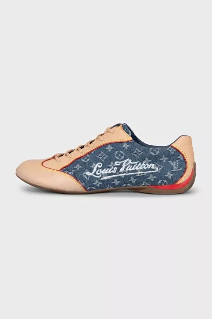 Leather sneakers with denim inserts
