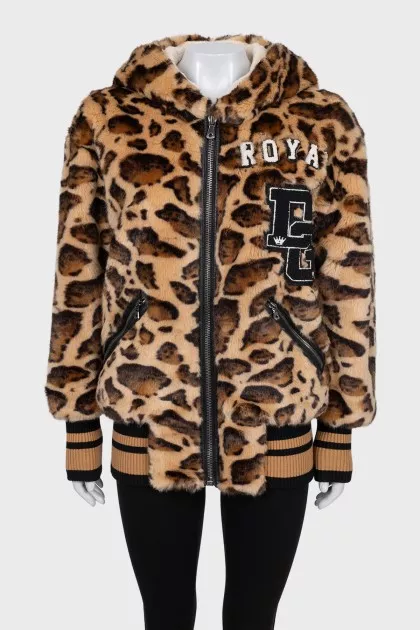 Animal print bomber jacket with accent hood