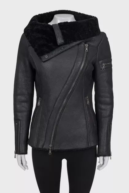 Black sheepskin coat with a high collar