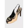 Textile slingbacks decorated with rhinestones
