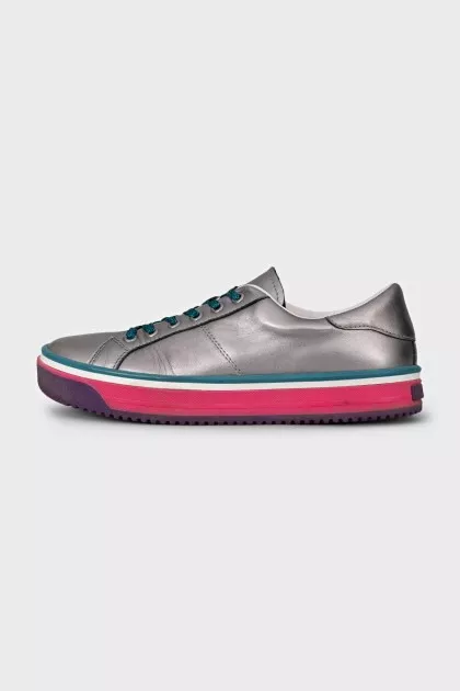 Silver leather lace-up sneakers